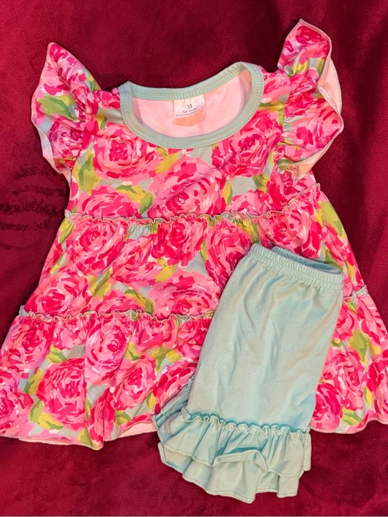 Other - Girls Floral Pink & Aqua Ruffle Pajama Set